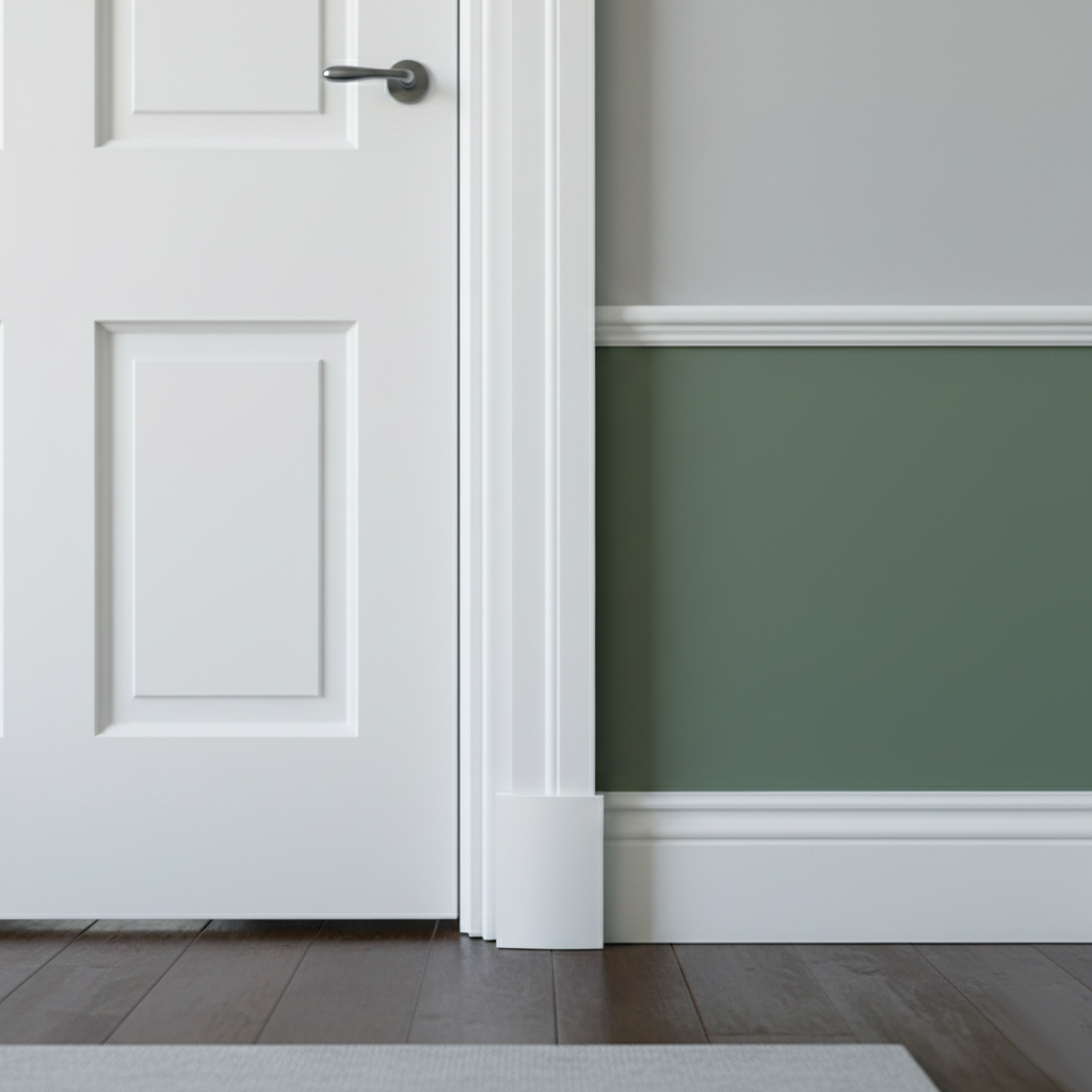 A white MDF architrave and plinth block framing a panelled door beside a sage green painted wall.
