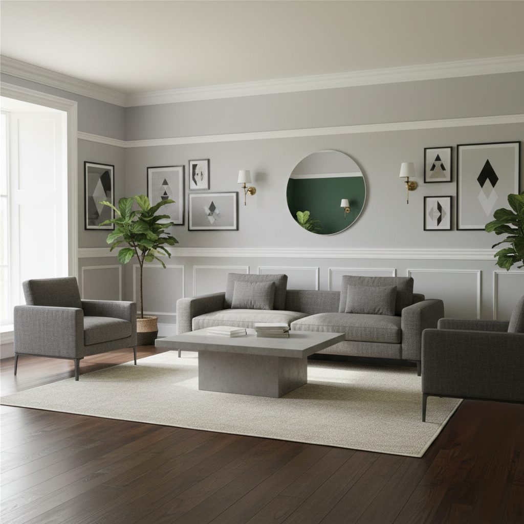 A grey living room with a white dado rail and wall panelling running along the wall behind the sofa.