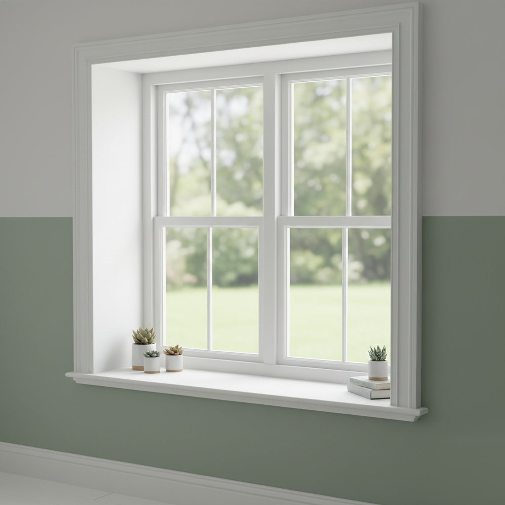 A white painted window sill beneath a sash window, with small potted plants arranged on the sill.